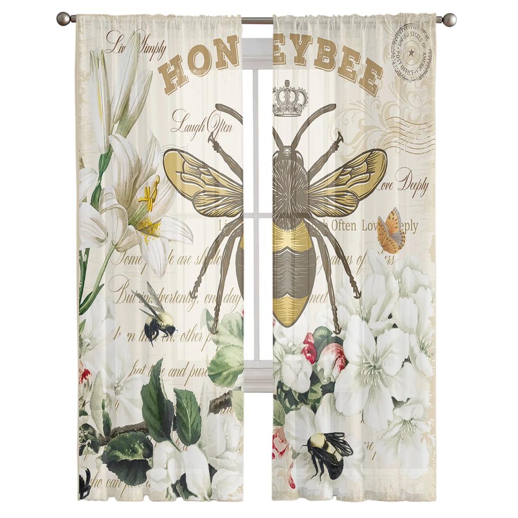 Modern Bee Azalea Retro Flower Tulle Curtains Living Room Bedroom Decoration Chiffon Voile Kitchen Window Curtain With Sheer Polyester Perfect For