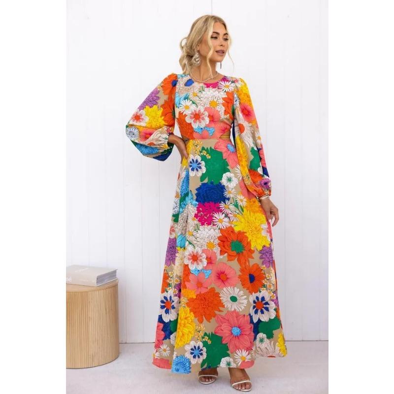 VEZFAA Women's Fashion Spring Fall Flower Pattern Print Long Sleeve O-Neck High Waist Casual Dresses