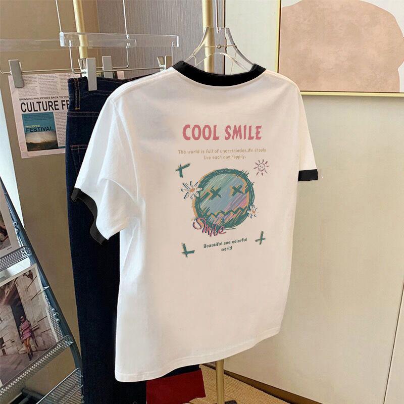 

Summer 2026 Retro Color Block Cartoon Print Cotton T-shirt for Women Large (L)