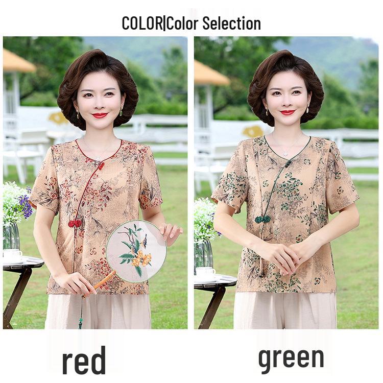 Moda de vară 2025: Set tricou cu mânecă scurtă și bluză cu imprimeu elegant pentru femei de vârstă mijlocie și vârstnice