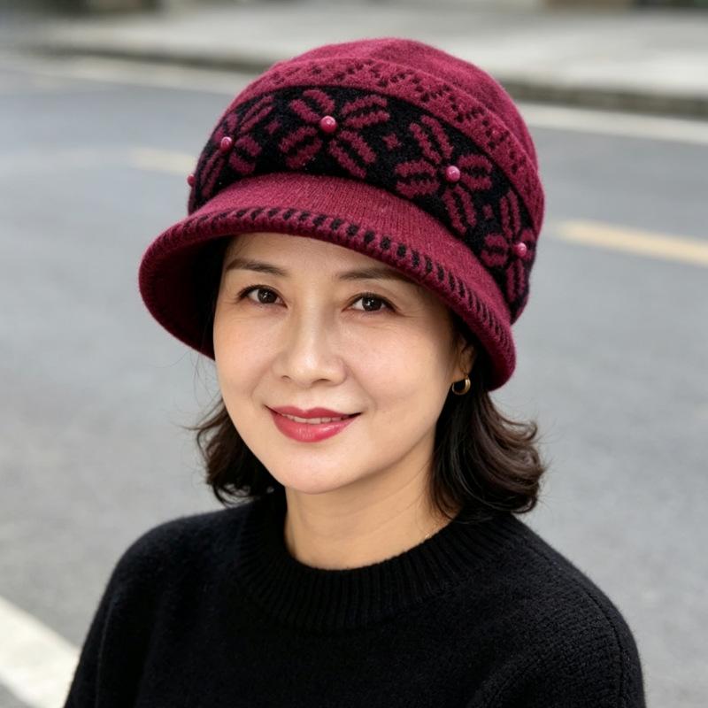 Middle-aged and elderly hats women's autumn and winter fashion warm mother ear protector basin hat fleece bucket hat cold-proof knitted wool hat