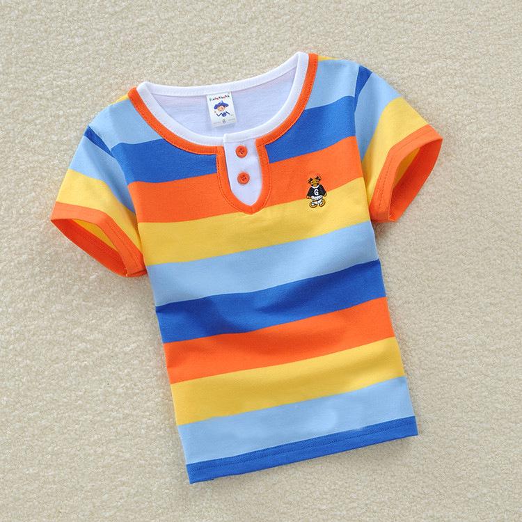 Summer Short Sleeve T-Shirts for Boys and Girls Notice Striped Round Neck Pure Cotton Striped