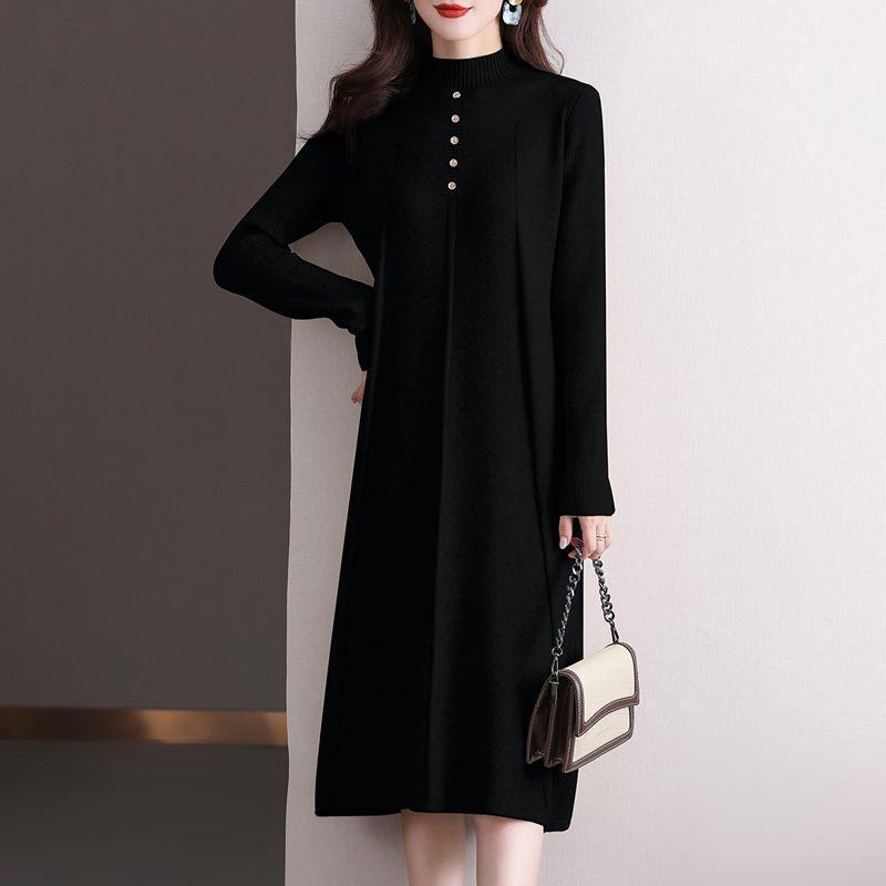 2025 Women's Elegant Half-High Collar Wool Knit Dress for Autumn and Winter