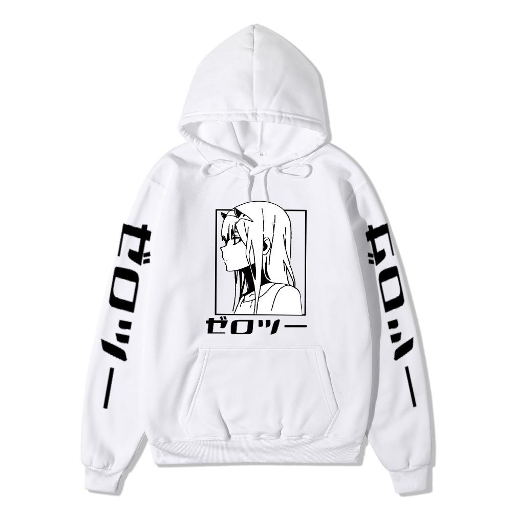 Zero Two Side Profile Anime Hoodie Japanese Letter Print Black Casual Long Sleeve Hooded Sweatshirt Pullover