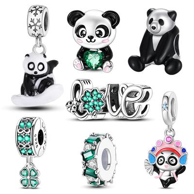 925 Silver Four-leaf Clover Green Bead Cute Panda Pendant DIY Fine Beads Fit Original Charms Bracelet Women Jewelry Diy