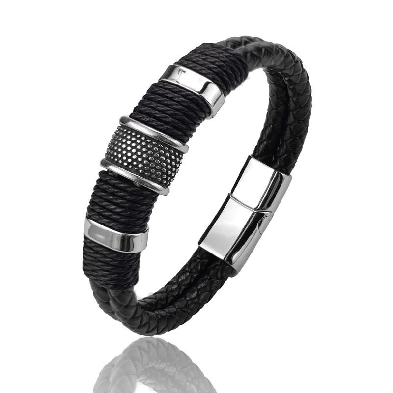 Fashion 2layer Leather Bracelets with Stainless Steel Magnet Trendy Multilayer Bracelet Homme Jewelry Male Bangle Wholesale Bulk