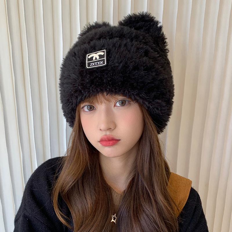 

Милая шапка-бини с медвежьими ушками для женщин, пушистая вязаная шапка с ушками, зимняя теплая шапка-бини, которая делает лицо визуально меньше