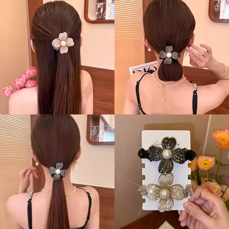 Pearl diamond four-leaf clover hair tie, elegant versatile ponytail hair accessory for ladies daily wear