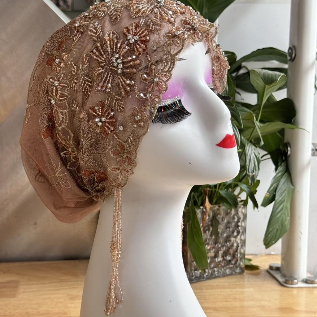 Heavy Industry Double-Layer Embroidery Turban Thin Fashion Scarf Tassel Lace Hat Handmade