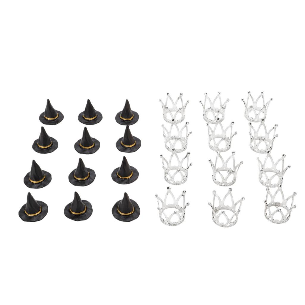 12 Set Witch Hat and Crown Cake Toppers Mini Wizard Hats Cupcake Decorations for Birthday Party Supplies Silver