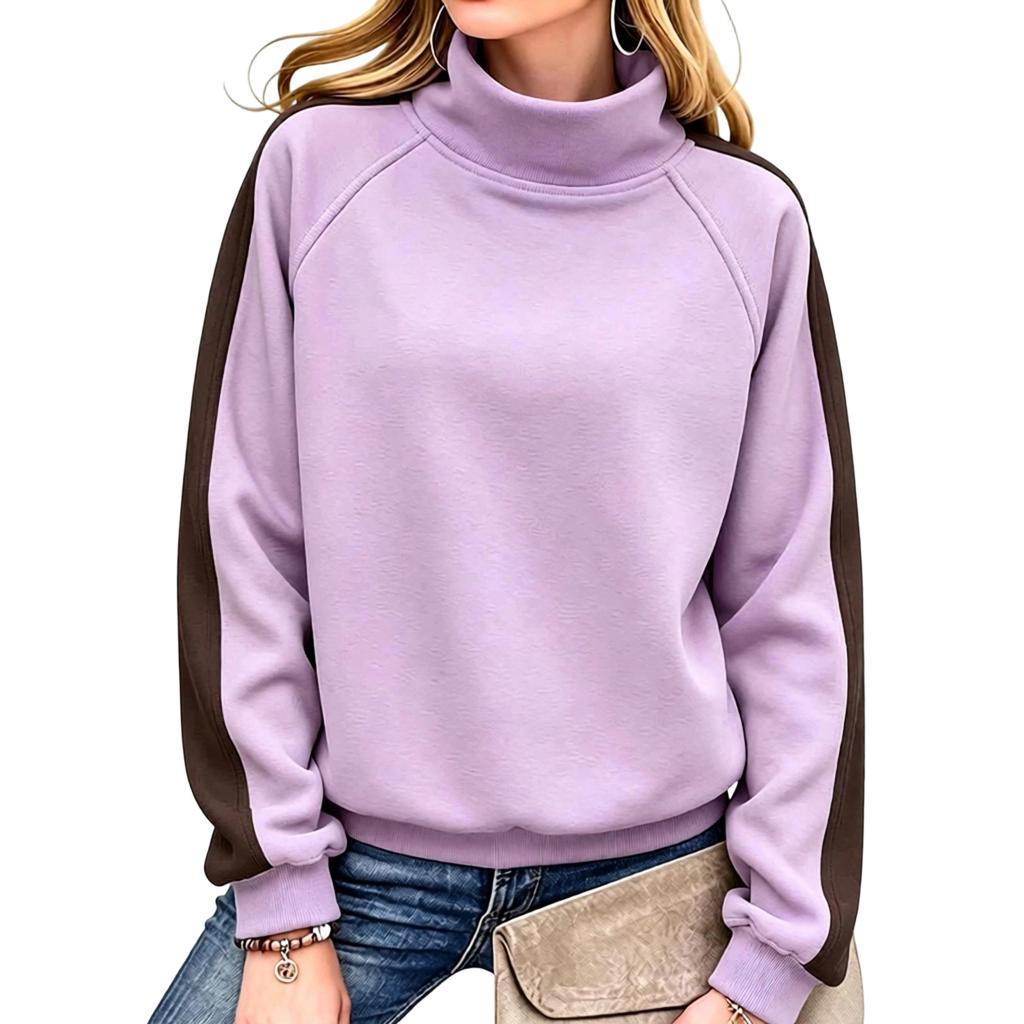 Women's Casual Loose Fit Color Block Long Sleeve High Neck Pullover Sweatshirt