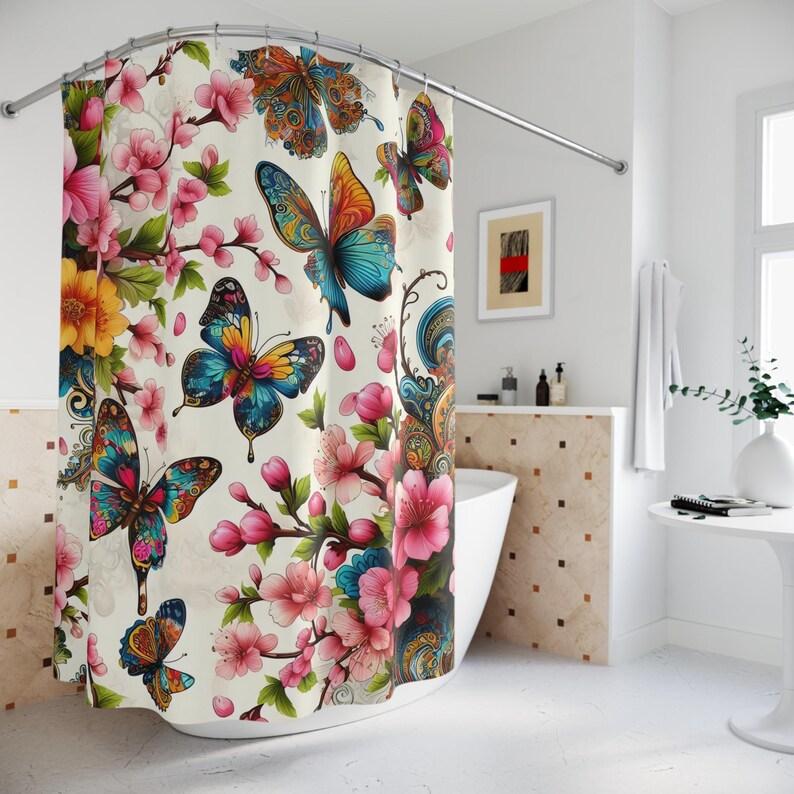 Butterfly Floral Shower Curtain Gift, Pink Cherry Blossom Bath Decor, Nature Art Bathroom, Colorful Butterfly Gift