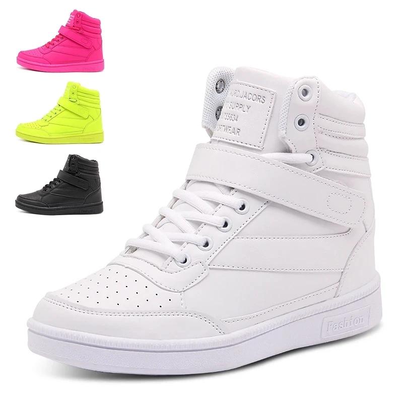 Fashion Brand Womens Breathable High Top Skateboard Shoes Casual Non-slip Sport Shoes Ladies Platform Hidden Increasing Leather Sneakers