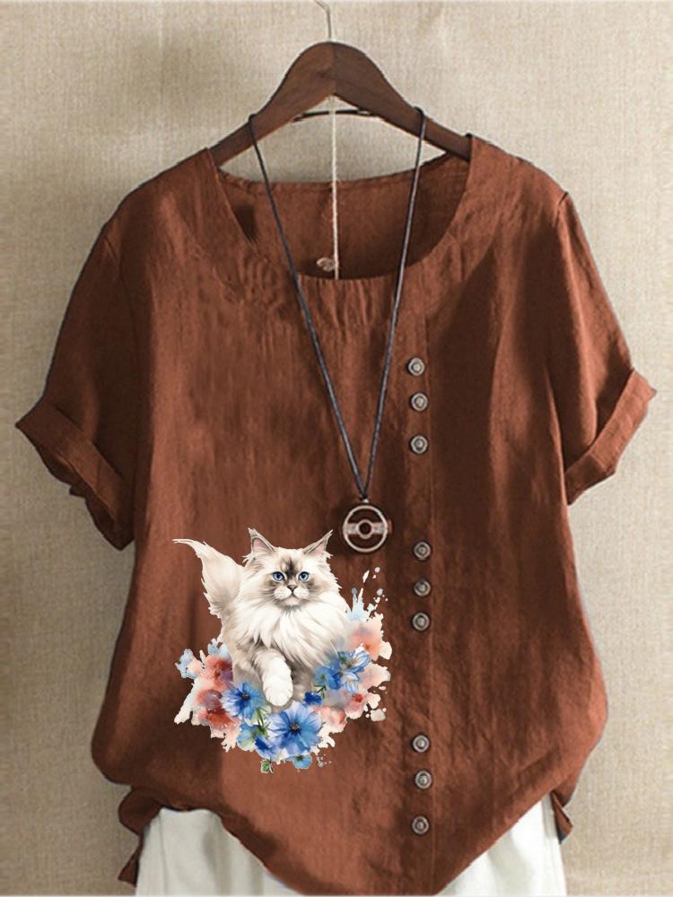 Women's Fashion Cute Cat Print Round Neck Short Sleeve T-shirt Summer Casual Cotton Linen Graphic Shirt Leisure Loose Blouse Tops