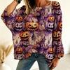 Women's Casual Halloween Pumpkin Print Long Sleeve Top with Off-the-Shoulder Neck, Cutout and Sleeves