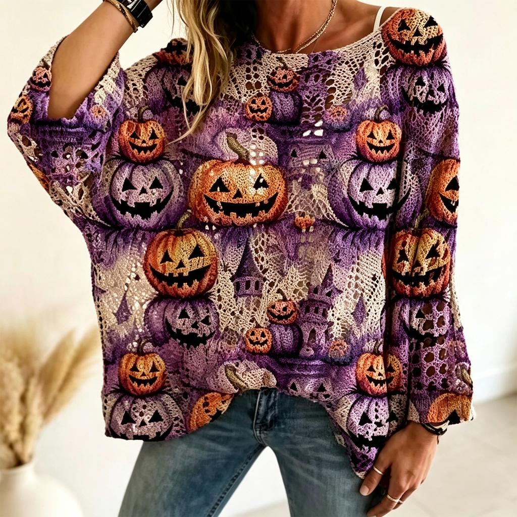 Women's Casual Halloween Pumpkin Print Long Sleeve Top with Off-the-Shoulder Neck, Cutout and Sleeves