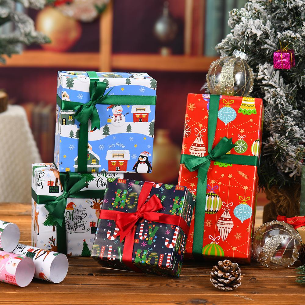 50x70cm 1 Roll Christmas Gift Wrapping Paper with Snowflake, Santa Claus, Reindeer Printed for Christmas, New Year Celebration