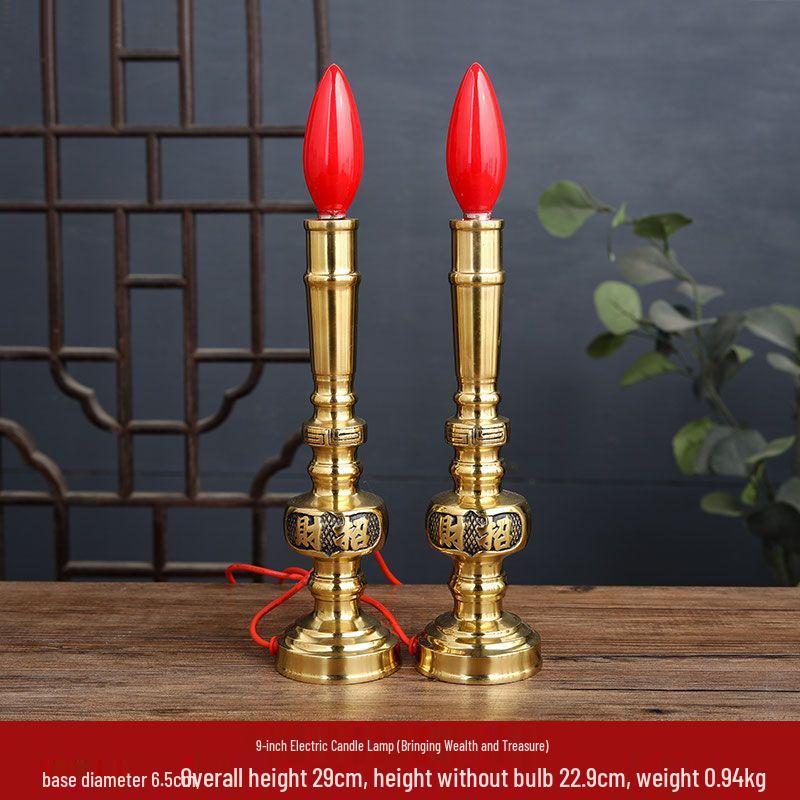 Pure Copper LED Candle Lamp for Offering: Everlasting Wealth God Incense Candlestick
