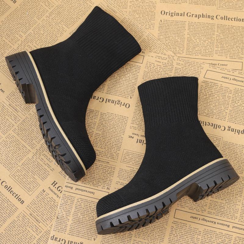 Vintage Platform Thick Heel Women Ankle Boots Comfort Slip On Shoes Autumn Winter Ladies Stretch Slim Short Booties