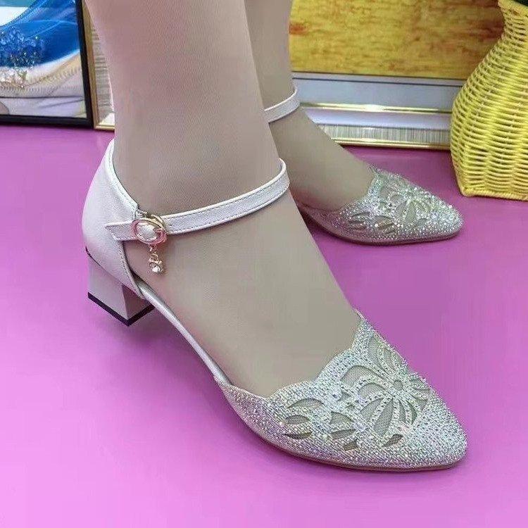 Summer thick heel mesh hollow soft-soled sandals wear shallow mouth pointed hollow rhinestone one-word buckle shoes