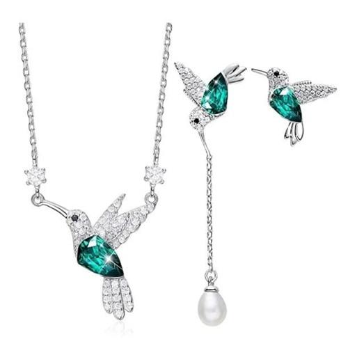 Hummingbird Pendant Necklace Set 925 Sterling Silver Rhodium Plated Green Enamel Birthday Gift for Women Valentine's Day Gift