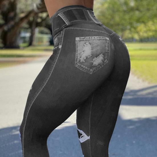 Strečové fitness kalhoty s vysokým pasem, distressed imitace džínů, kalhoty na cvičení pro jógu, zvedající hýždě