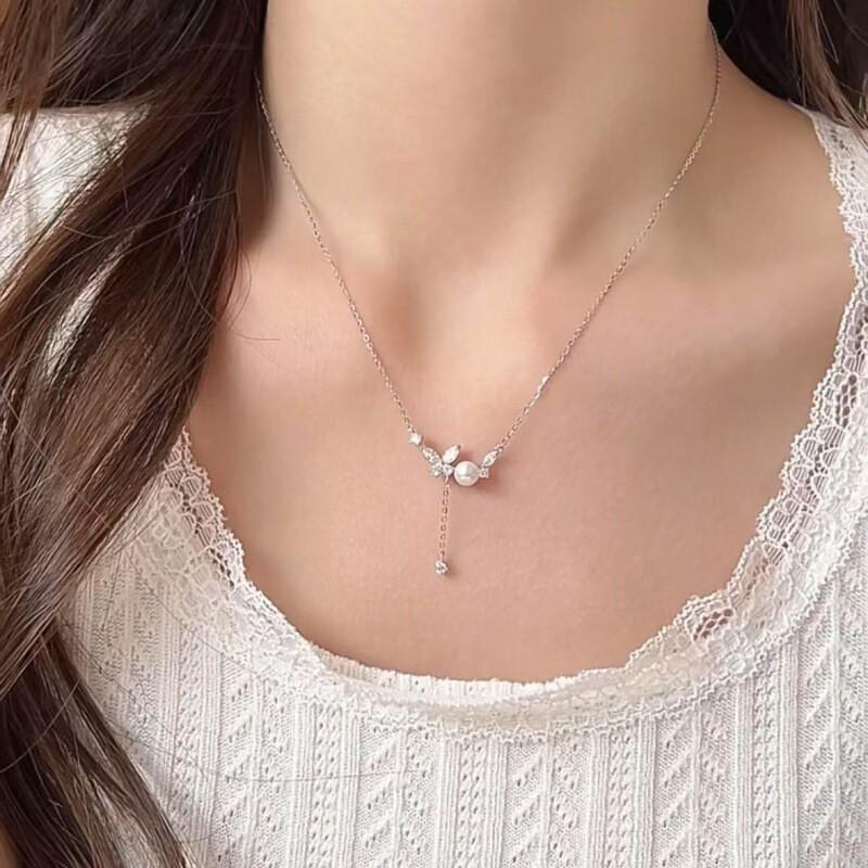 Sterling Butterfly Pendant Necklace With Freshwater Pearl Tassel Adjustable Chain Women Fashion Office Wear