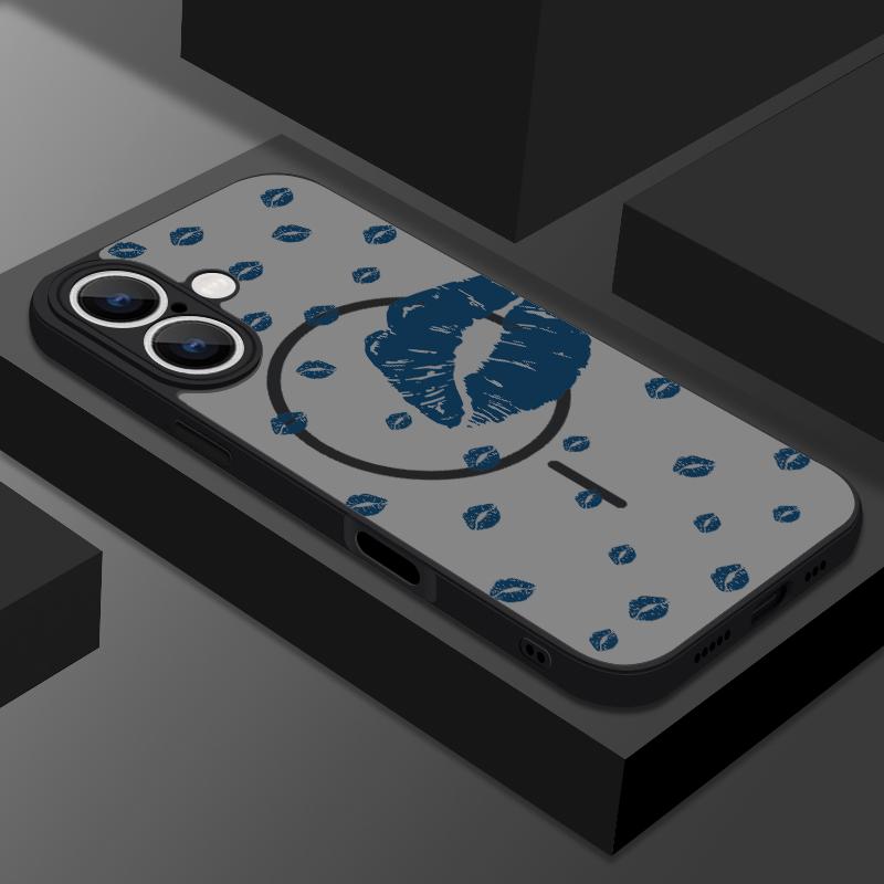 

Прозрачный матовый чехол с рисунком губ для iPhone 16E 16 Pro Max 15 Pro 14 13, мягкий край, противоударный, для беспроводной зарядки Magsafe, магнитный чехол для телефона iPhone 13 Pro Max синий