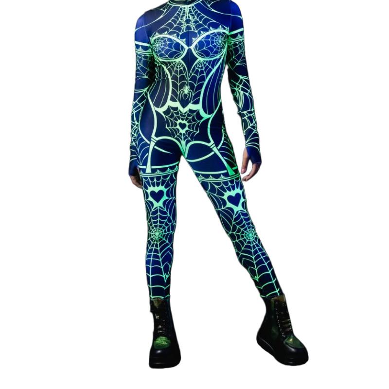 Unisex Cyber Punk Spider Web 3D Digital Printing Halloween Cosplay Costume Women Men Carnival Jumpsuit Party Role Play Outfit