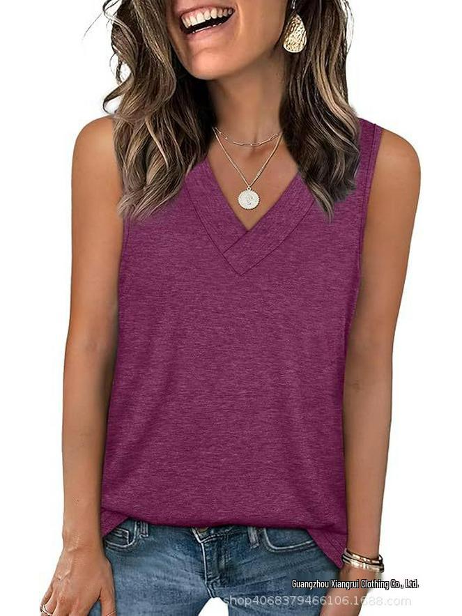 2026 Women's V-neck Casual Loose Sleeveless Summer Shirt - Solid Color, New Arrival