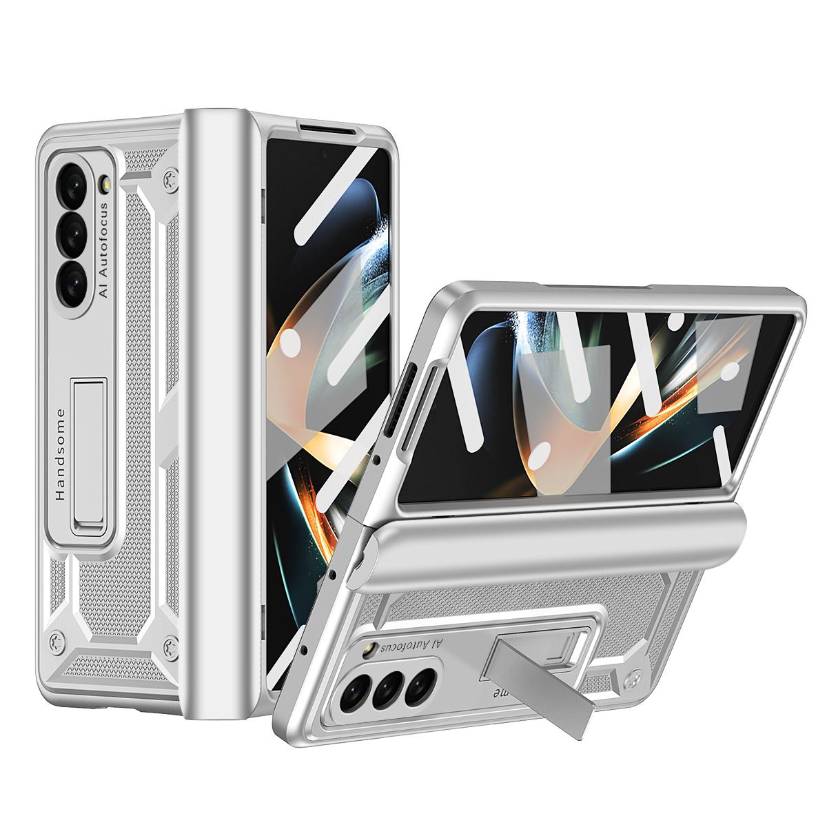 

For Samsung Galaxy Z Fold5 5G Hard PC Hinge Protection Case Magnetic Kickstand Phone Cover with Tempered Glass Film Silver