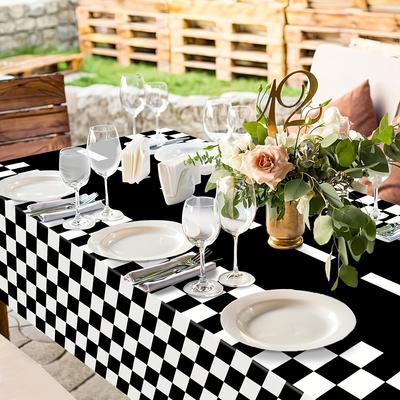 Toalhas de Mesa Descartáveis com Tema de Corrida - Xadrez preto e branco para festas, casamentos, aniversários, etc. - Plástico PE Durável, 54 polegadas x 108 polegadas