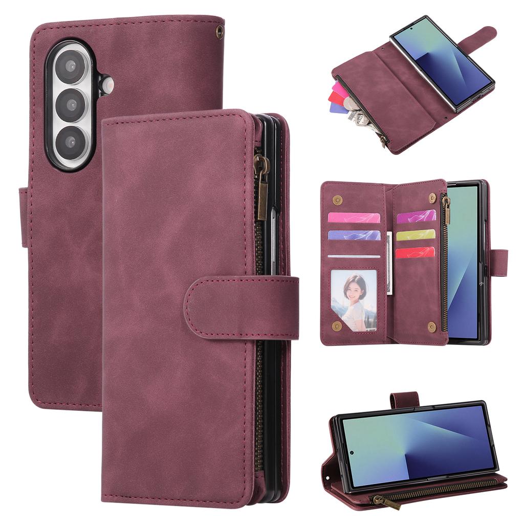 Zipper Magnetic Leather Phone Case For Samsung Galaxy Z Fold 7 6 5 4 3 5G Fold7 Fold6 Multi-card Wallet Kickstand Card Cover