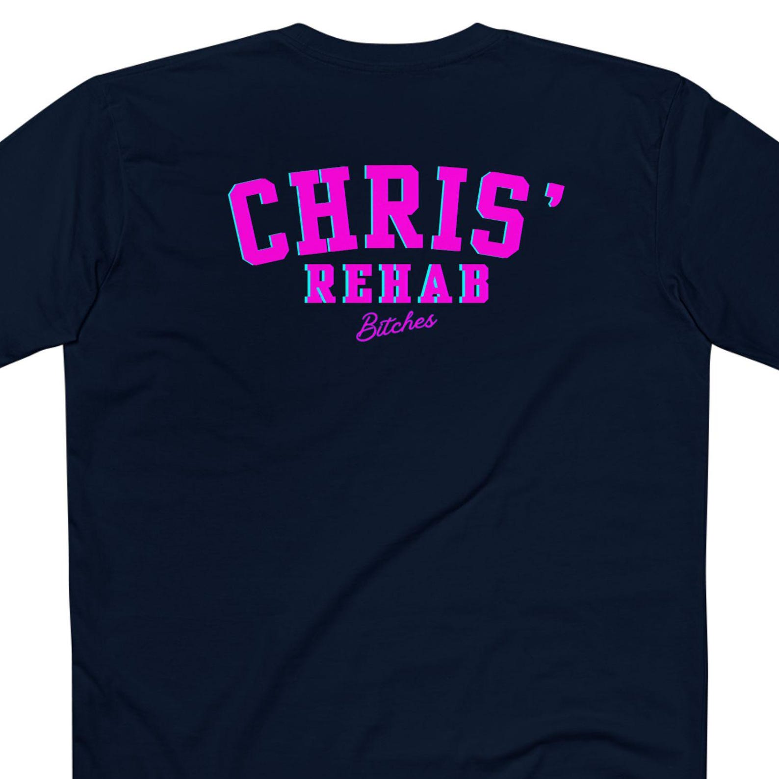 Chris Rehab Pink Script T-Shirt | Navy Tee, Back & Chest Print M