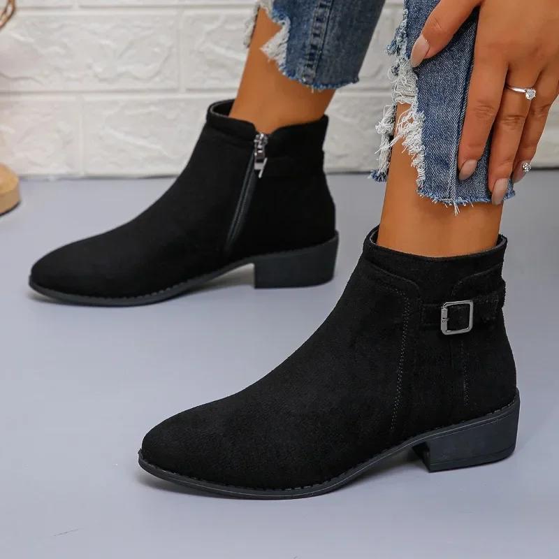 Fashion 2024 Hot Sale Shoes for Women Side Zip Women's Boots Winter Round Toe Suede Solid Short Barrel Low Heels Large Size Naked Boots