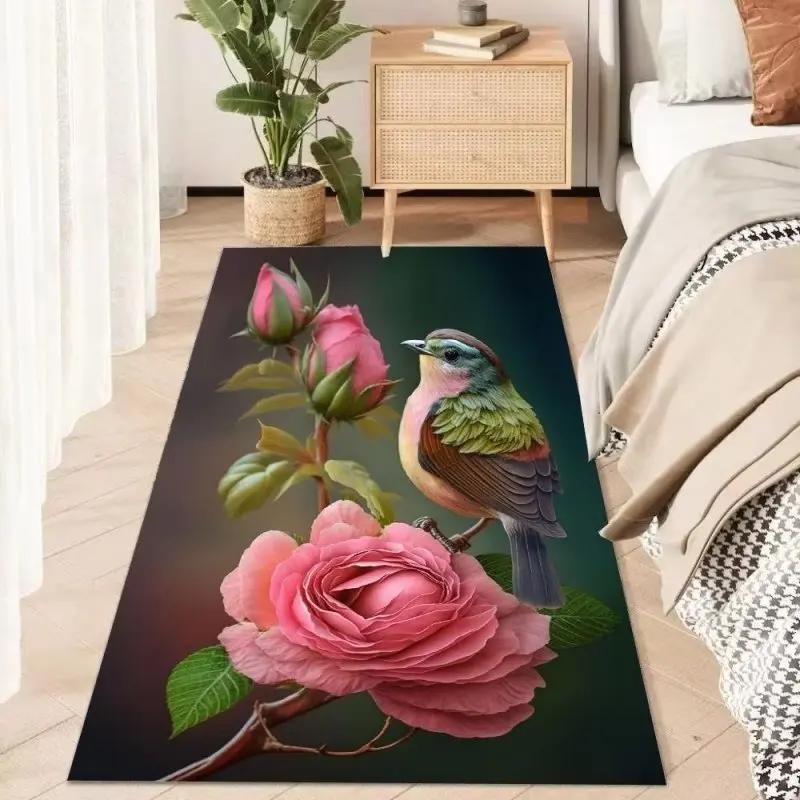 Botanical Flower Decoration Carpet Cartoon Bird Modern Carpet for Living Room Bedroom Decor Bedside Floor Mat Anti Slip Washable