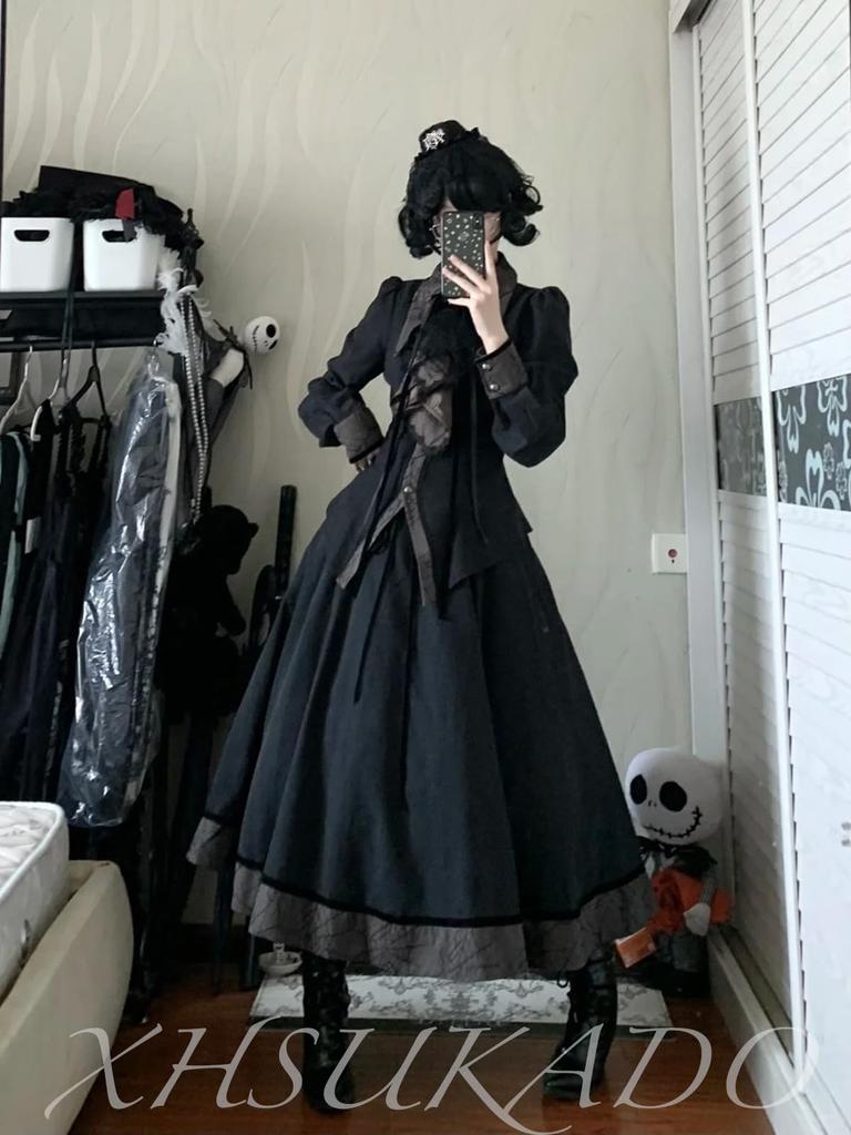 XHSUKADO Gothic Lolita Irregular Long Size L Women's Dress, Halloween, Lace, Jabot, Lace-Up, Long, Ruffled, Hem, Dark, Spider, Noble, Gothic,