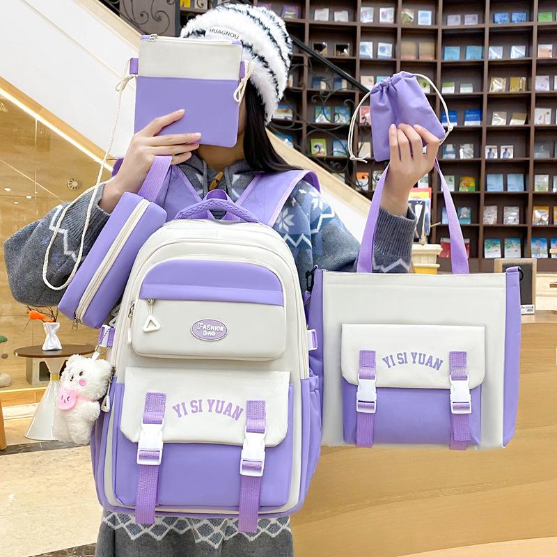 5pcs/Set Student Nylon School Bag for Girl Simple Large Capacity Patchwork Backpack Versatile Multilayer Children Backpacks