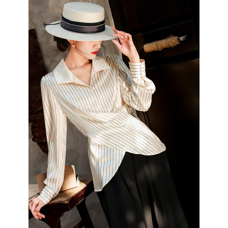 Lanser 2026 Spring Striped Lapel Waist-Tie Shirt M