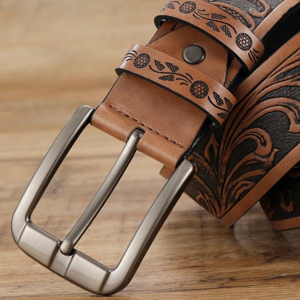 [Lamerry] Western Belt, American Casual Style Belt, Patterned, Vintage, Perfect for Jeans, Chinos, Denim, Men's, Brown, Beige, 120cm