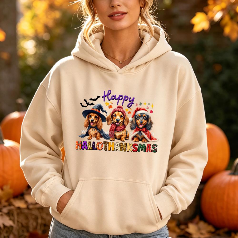 Happy Hallothanksmas Dachshund Dog Hoodies Women Autumn Winter Halloween Christmas Graphic Pocket Hooded Sweatshirt Unisex