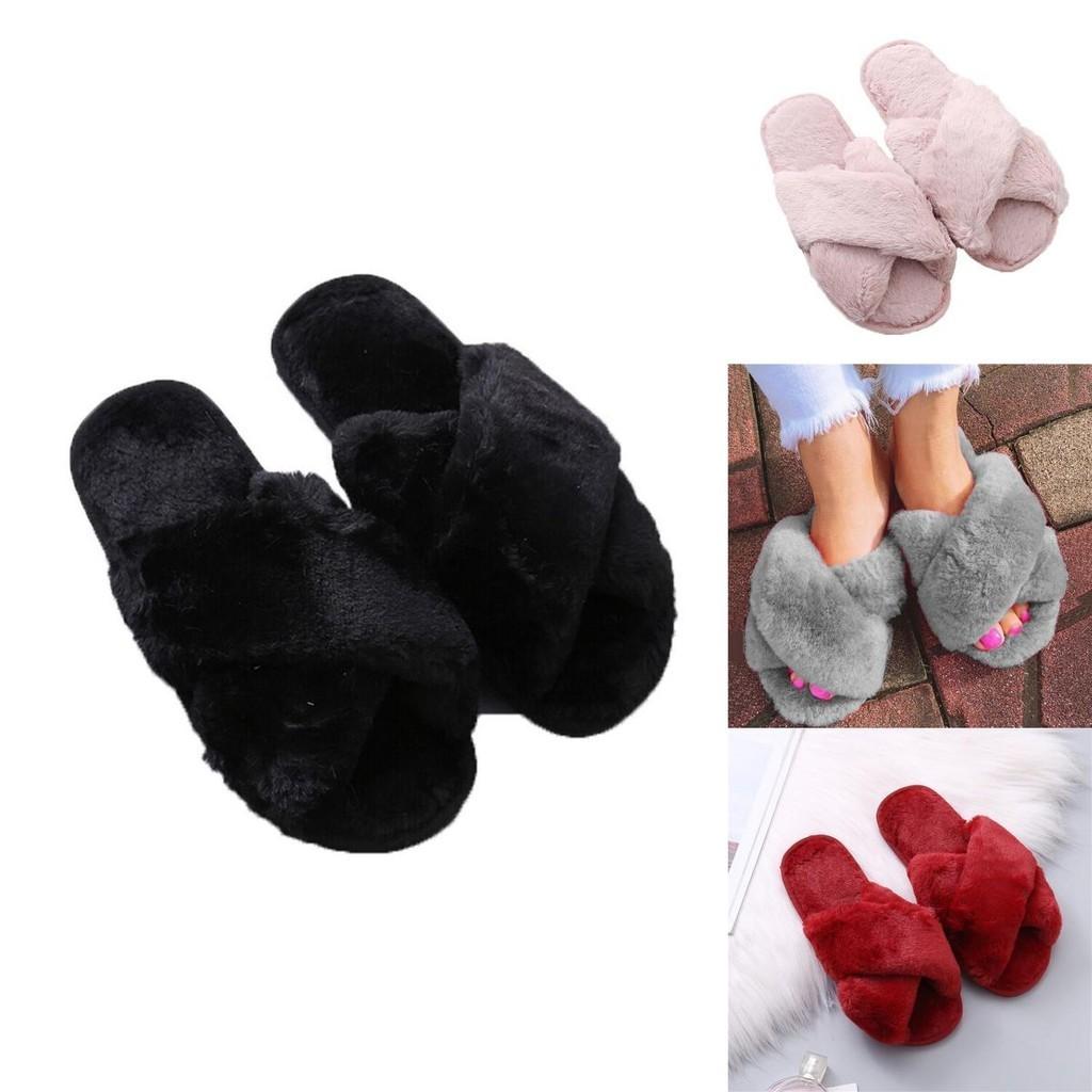 Stylish Ladies Fur Fluffy Slippers Cross Furry Summer Mules Shoes In Black