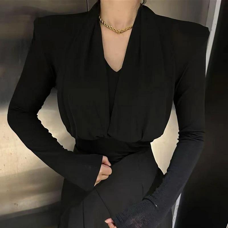 

Halter Neck Versatile V-neck Long-sleeved T Shirt Women s Bottoming Shirt Spring Autumn Slim Western Style Top S чёрный