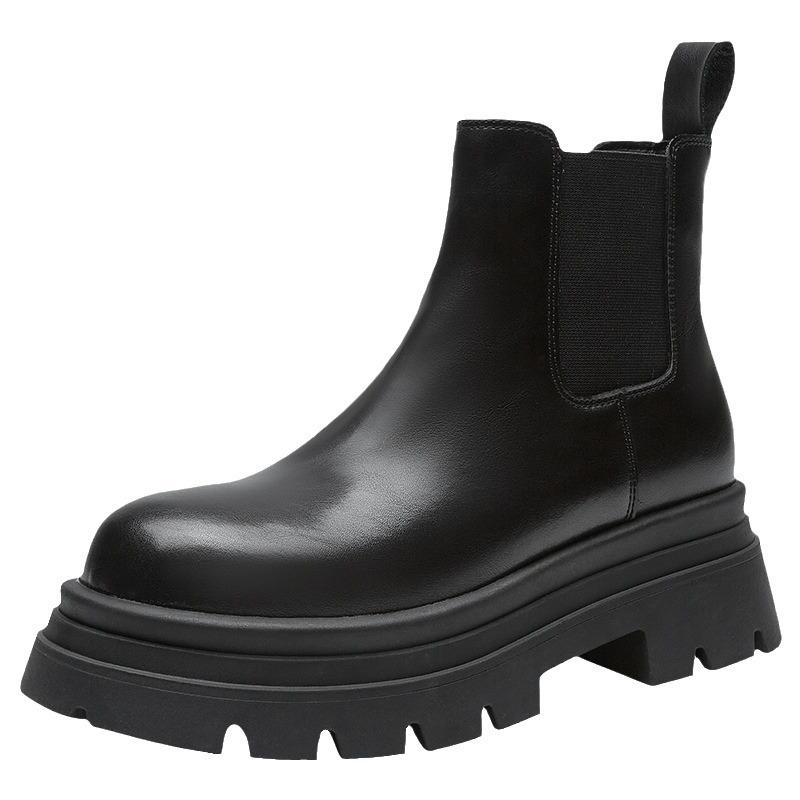 Cow leather thick soled women's autumn and winter velvet boots women's 2025 new short tube thick heel chimney boots