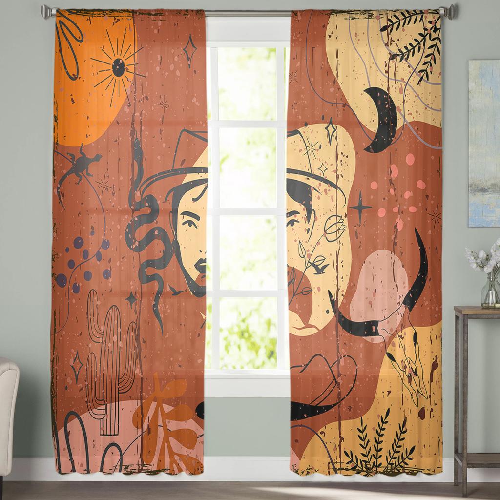 Cowboykaktus Gitarr Bohemia Retro Skira Gardiner Vardagsrumsfönster Tyllgardiner Sovrum Slöjgardiner Dekor Lyxiga Draperier