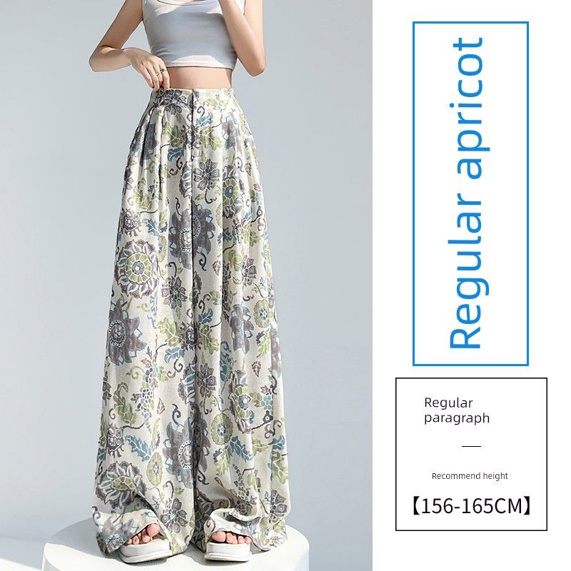 Small ICE Cotton Hemp Printing Work Clothing High Waist Elastic Slim Looking Loose Straight-leg Casual Loose Pants Mop Pants Women