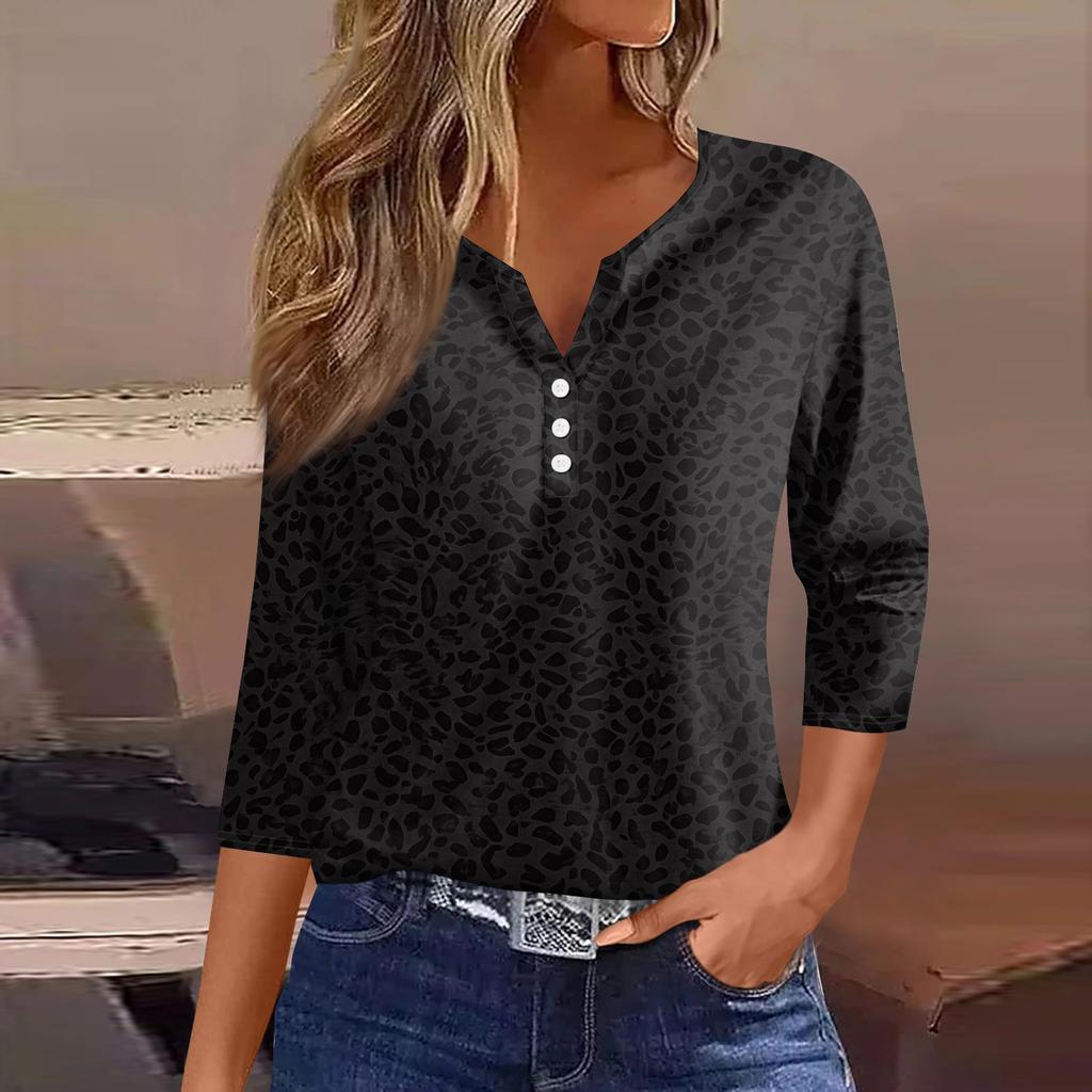 Women's Casual V-Neck Leopard Print 3/4 Sleeve Button T-Shirt Top