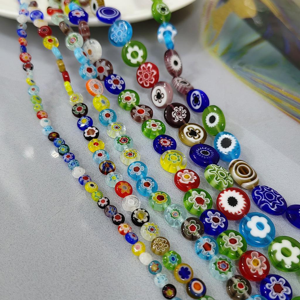 Millefiori Flower Glass Beads - Round Flat Beads for DIY Jewelry Making