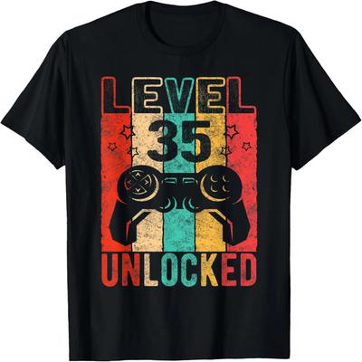 Fun 35th Birthday Level 35 Unlocked, Retro Graphic Birthday T-Shirt