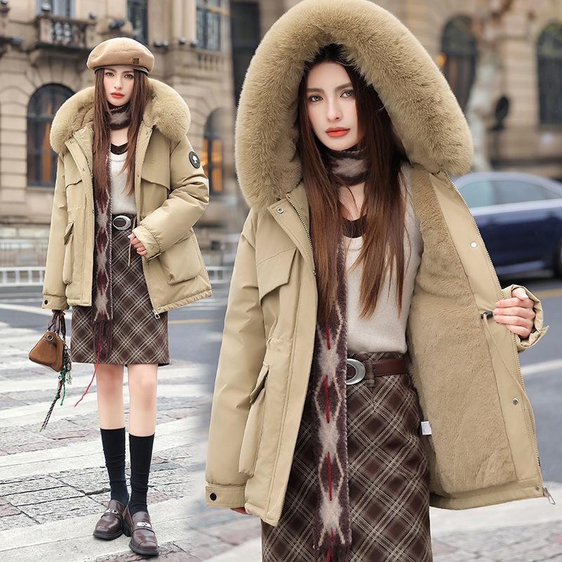 Women Short Medium Length Down Jacket Winter Warm Stand Collar Solid Color Casual Outerwear Coat